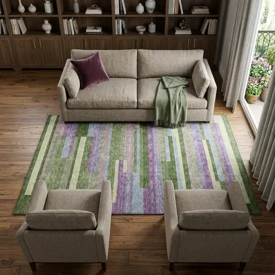 Artichoke Green Purple And Blue Striped Washable Area Rug With UV Protection Photo 1