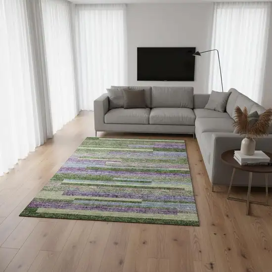 Artichoke Green Purple And Blue Striped Washable Area Rug With UV Protection Photo 2
