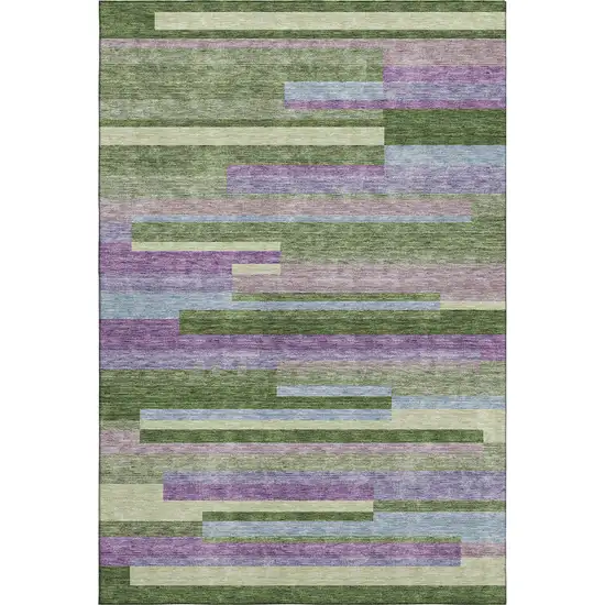 Artichoke Green Purple And Blue Striped Washable Area Rug With UV Protection Photo 1