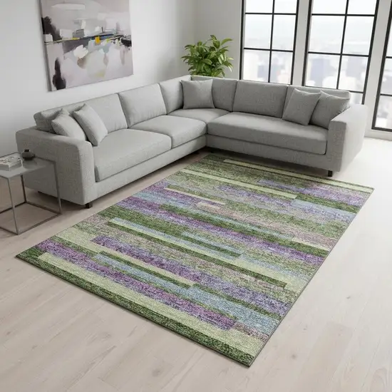 Artichoke Green Purple And Blue Striped Washable Area Rug With UV Protection Photo 2