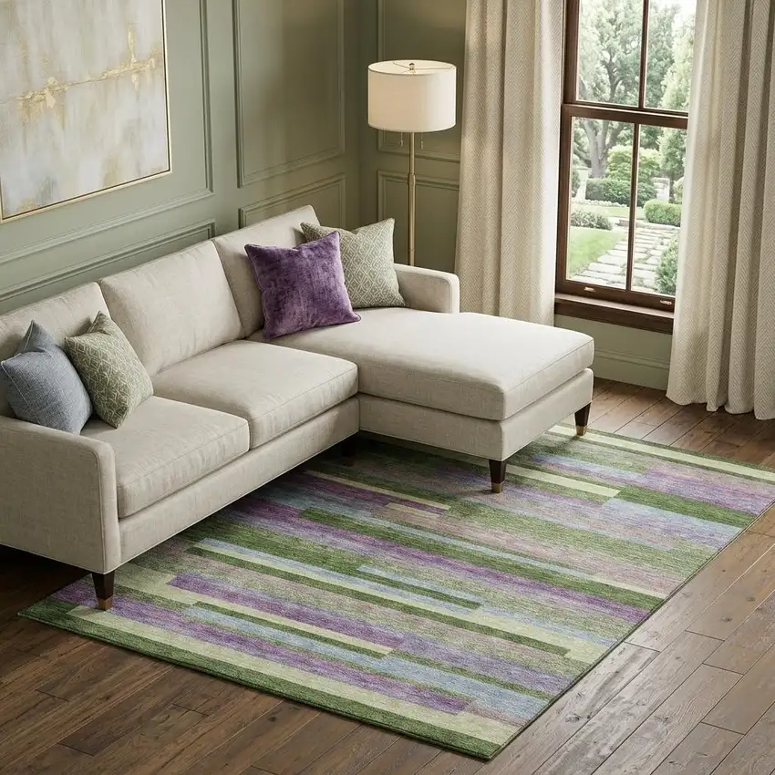 Artichoke Green Purple And Blue Striped Washable Area Rug With UV Protection Photo 1