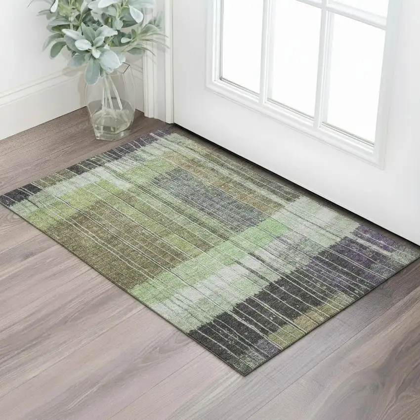 Artichoke Green Purple And Charcoal Striped Washable Area Rug With UV Protection Photo 2