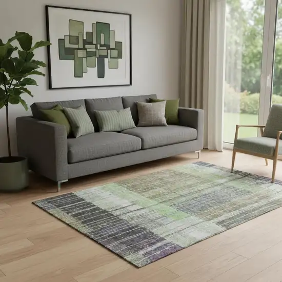 Artichoke Green Purple And Charcoal Striped Washable Area Rug With UV Protection Photo 2