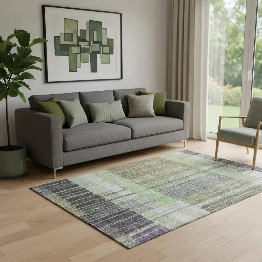 Artichoke Green Purple And Charcoal Striped Washable Area Rug With UV Protection Photo 2
