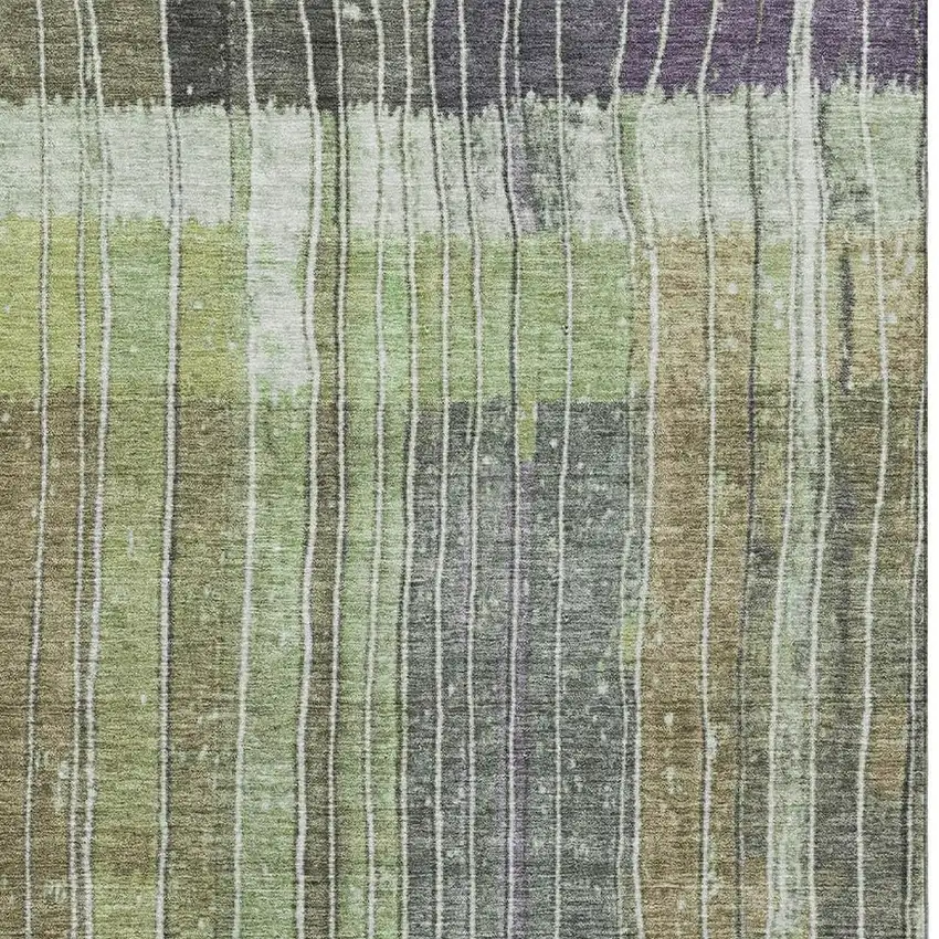 Artichoke Green Purple And Charcoal Striped Washable Area Rug With UV Protection Photo 4