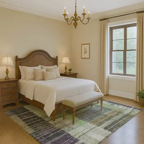 Artichoke Green Purple And Charcoal Striped Washable Area Rug With UV Protection Photo 5