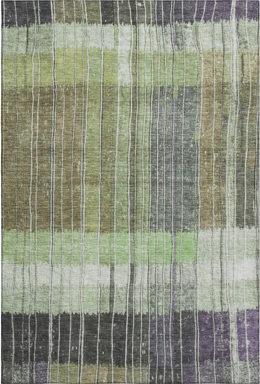 Artichoke Green Purple And Charcoal Striped Washable Area Rug With UV Protection Photo 1