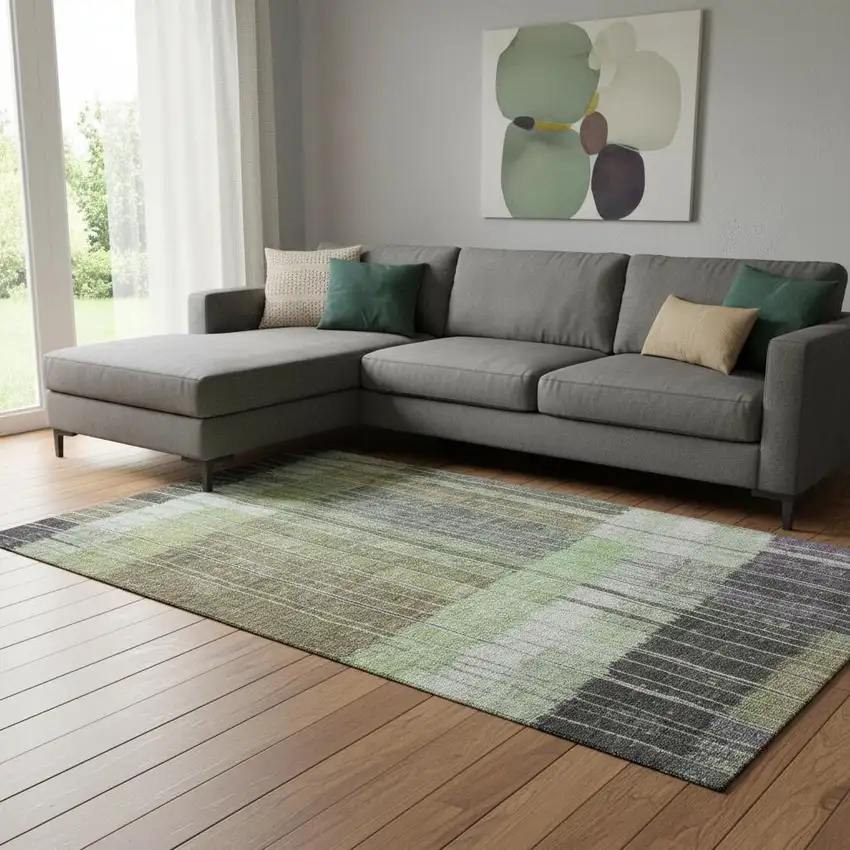 Artichoke Green Purple And Charcoal Striped Washable Area Rug With UV Protection Photo 2