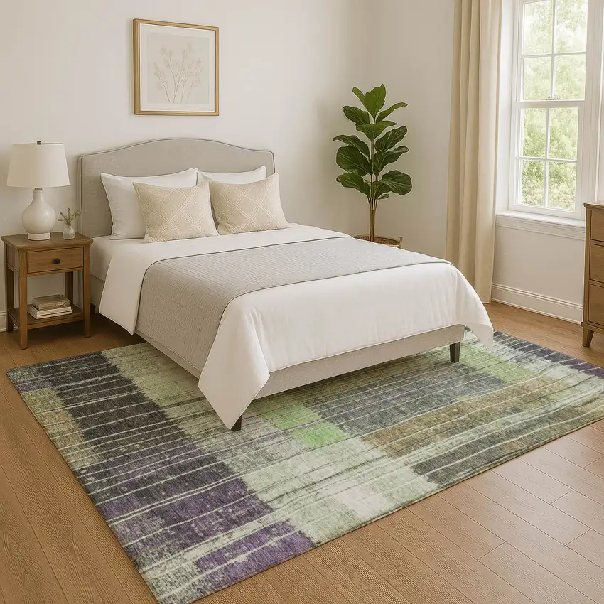Artichoke Green Purple And Charcoal Striped Washable Area Rug With UV Protection Photo 4