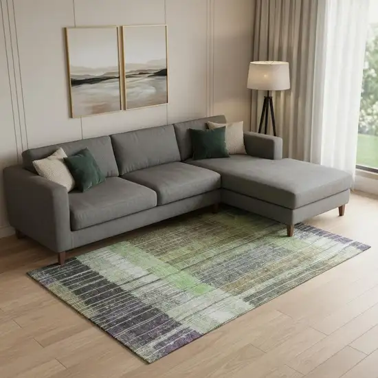 Artichoke Green Purple And Charcoal Striped Washable Area Rug With UV Protection Photo 2