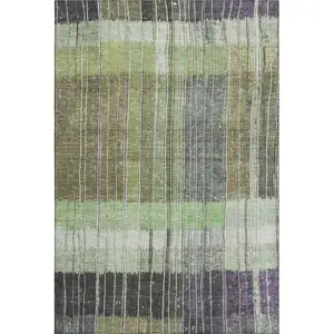Photo of Artichoke Green Purple And Charcoal Striped Washable Area Rug With UV Protection