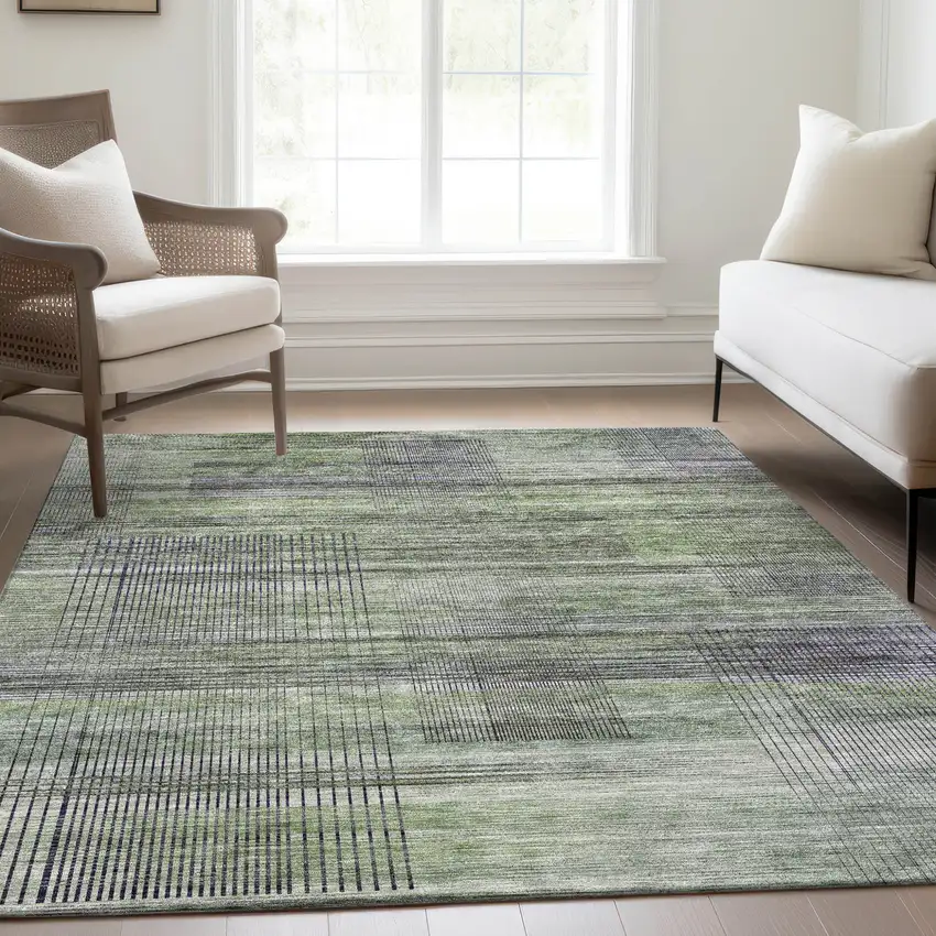 Artichoke Green Purple And Fern Green Striped Washable Indoor Outdoor Area Rug Photo 9