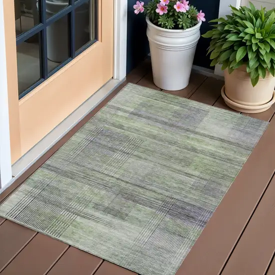 Artichoke Green Purple And Fern Green Striped Washable Indoor Outdoor Area Rug Photo 1