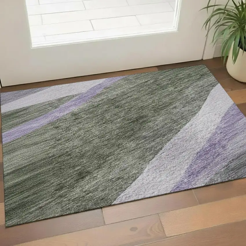 Artichoke Green Purple And Gray Abstract Washable Area Rug With UV Protection Photo 2