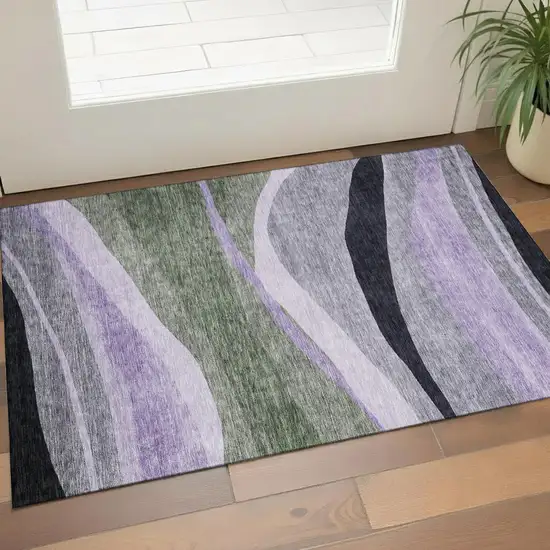 Artichoke Green Purple And Gray Abstract Washable Area Rug With UV Protection Photo 1