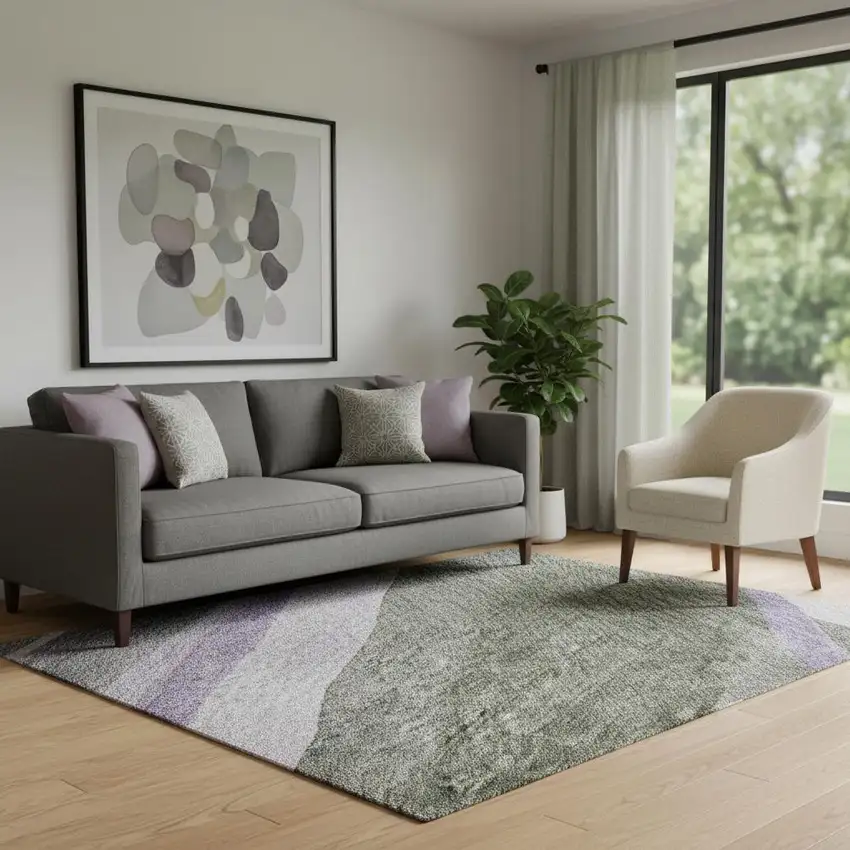 Artichoke Green Purple And Gray Abstract Washable Area Rug With UV Protection Photo 2