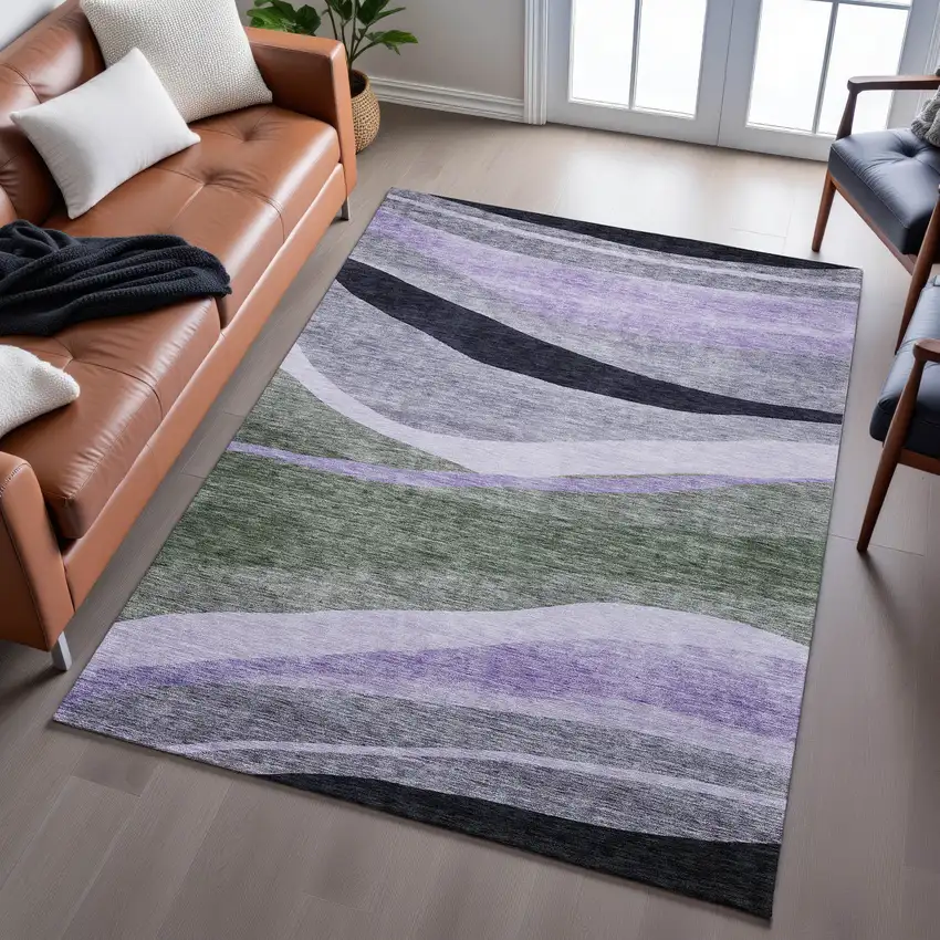Artichoke Green Purple And Gray Abstract Washable Area Rug With UV Protection Photo 3