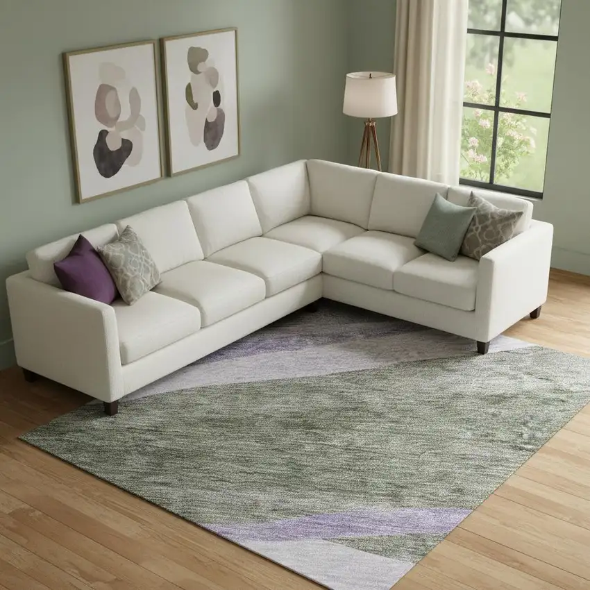 Artichoke Green Purple And Gray Abstract Washable Area Rug With UV Protection Photo 2