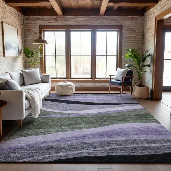 Artichoke Green Purple And Gray Abstract Washable Area Rug With UV Protection Photo 3