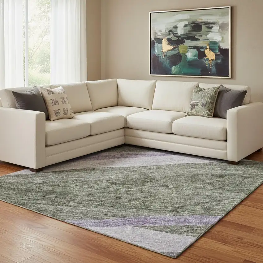 Artichoke Green Purple And Gray Abstract Washable Area Rug With UV Protection Photo 2
