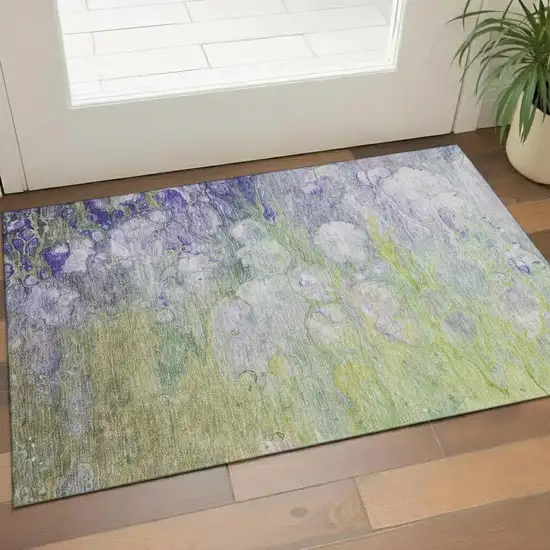 Artichoke Green Purple And Ivory Abstract Washable Area Rug With UV Protection Photo 1