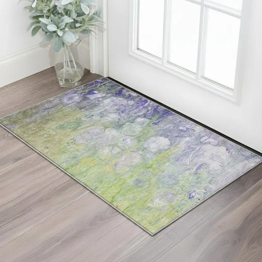Artichoke Green Purple And Ivory Abstract Washable Area Rug With UV Protection Photo 2