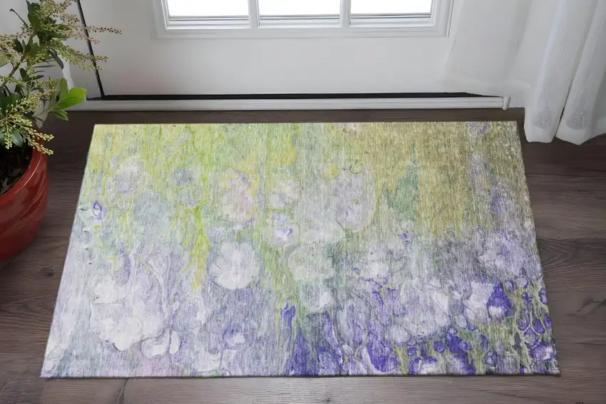 Artichoke Green Purple And Ivory Abstract Washable Area Rug With UV Protection Photo 3
