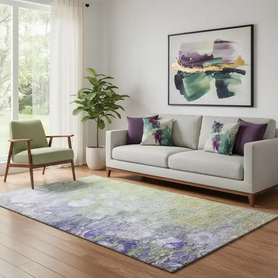 Artichoke Green Purple And Ivory Abstract Washable Area Rug With UV Protection Photo 1