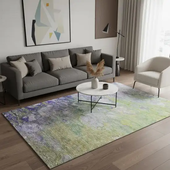 Artichoke Green Purple And Ivory Abstract Washable Area Rug With UV Protection Photo 1