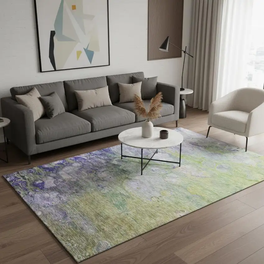 Artichoke Green Purple And Ivory Abstract Washable Area Rug With UV Protection Photo 1