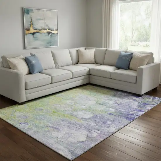 Artichoke Green Purple And Ivory Abstract Washable Area Rug With UV Protection Photo 1