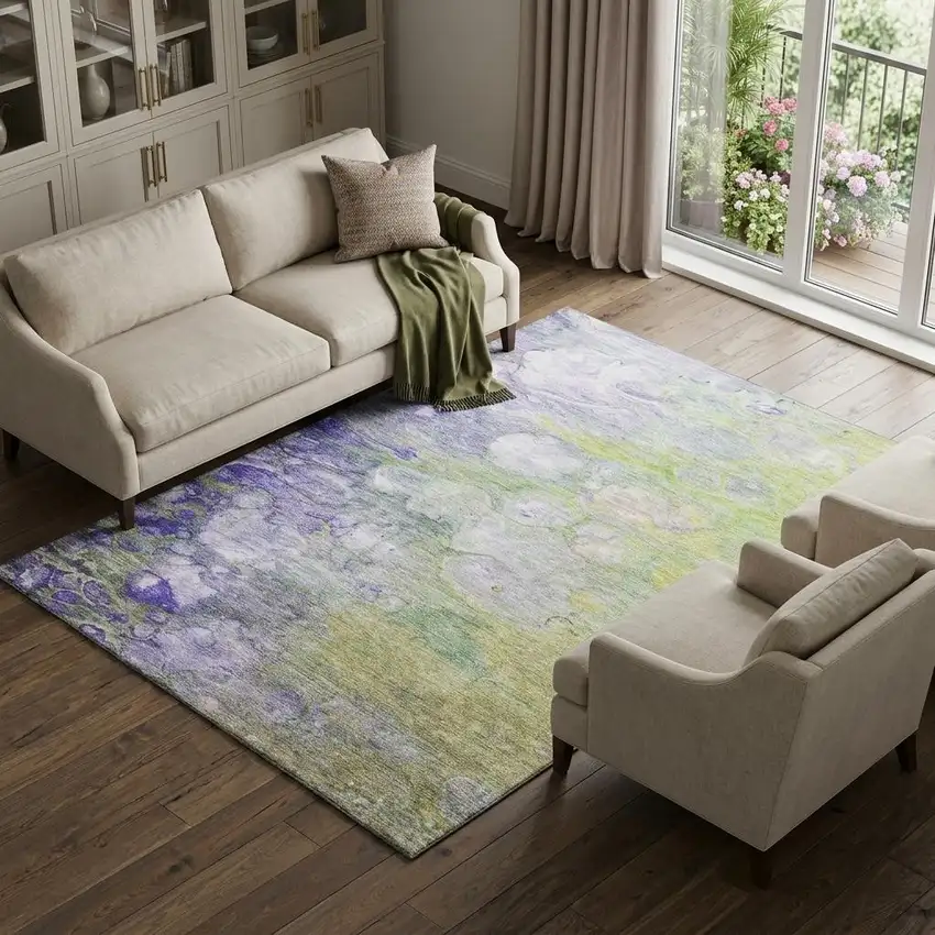 Artichoke Green Purple And Ivory Abstract Washable Area Rug With UV Protection Photo 1