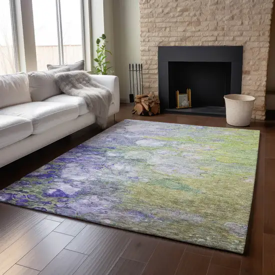 Artichoke Green Purple And Ivory Abstract Washable Area Rug With UV Protection Photo 4