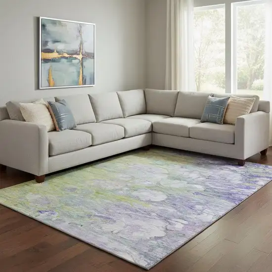 Artichoke Green Purple And Ivory Abstract Washable Area Rug With UV Protection Photo 1