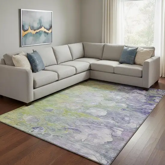 Artichoke Green Purple And Ivory Abstract Washable Area Rug With UV Protection Photo 1