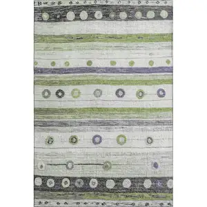 Photo of Artichoke Green Purple And Ivory Striped Washable Area Rug With UV Protection