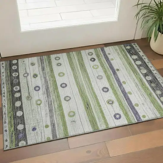Artichoke Green Purple And Ivory Striped Washable Area Rug With UV Protection Photo 2