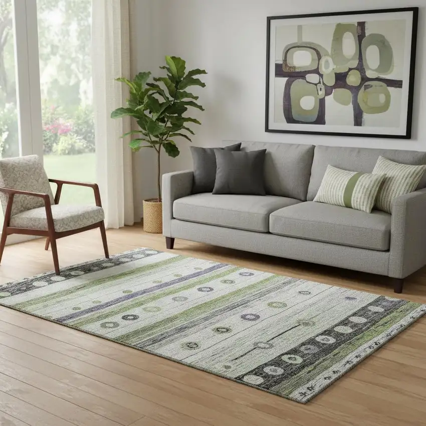 Artichoke Green Purple And Ivory Striped Washable Area Rug With UV Protection Photo 2