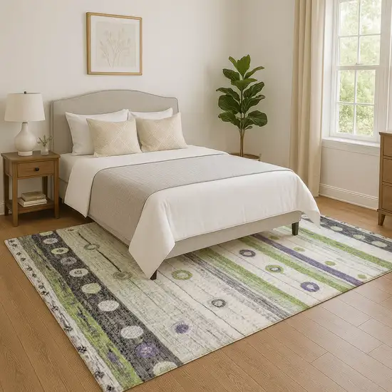 Artichoke Green Purple And Ivory Striped Washable Area Rug With UV Protection Photo 5