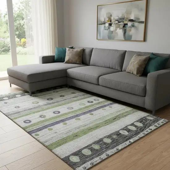 Artichoke Green Purple And Ivory Striped Washable Area Rug With UV Protection Photo 2