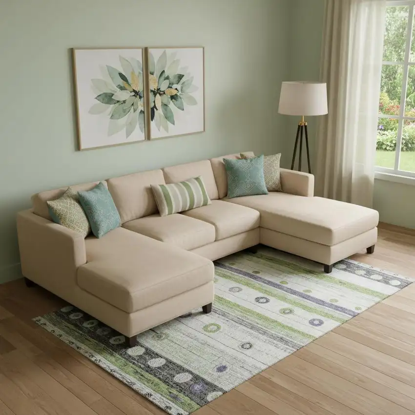 Artichoke Green Purple And Ivory Striped Washable Area Rug With UV Protection Photo 2