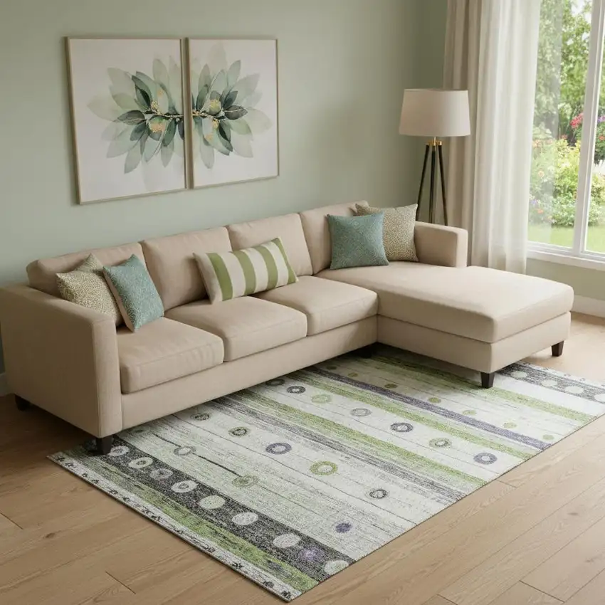 Artichoke Green Purple And Ivory Striped Washable Area Rug With UV Protection Photo 2