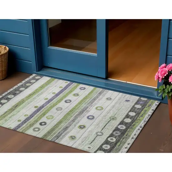 Artichoke Green Purple And Ivory Striped Washable Indoor Outdoor Area Rug Photo 2