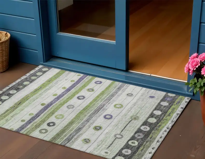 Artichoke Green Purple And Ivory Striped Washable Indoor Outdoor Area Rug Photo 2