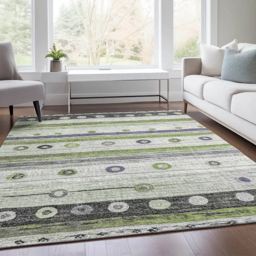 Artichoke Green Purple And Ivory Striped Washable Indoor Outdoor Area Rug Photo 7