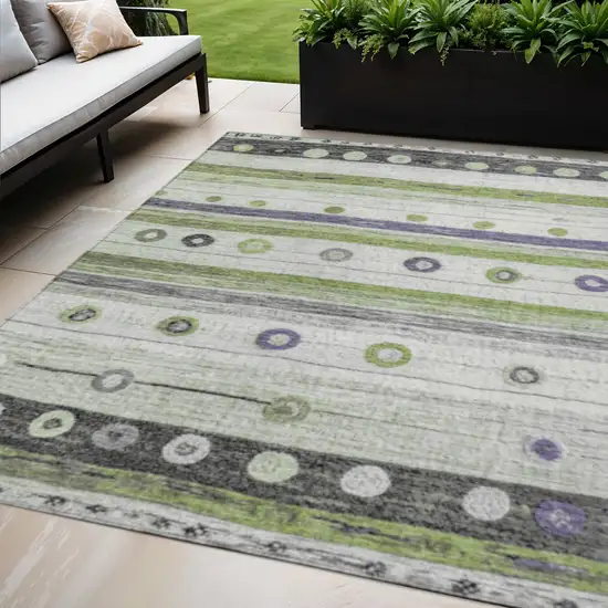 Artichoke Green Purple And Ivory Striped Washable Indoor Outdoor Area Rug Photo 2