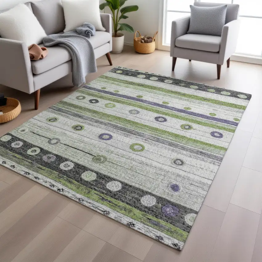 Artichoke Green Purple And Ivory Striped Washable Indoor Outdoor Area Rug Photo 6