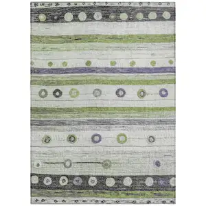 Photo of Artichoke Green Purple And Ivory Striped Washable Indoor Outdoor Area Rug