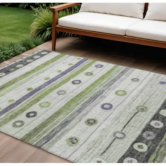 Artichoke Green Purple And Ivory Striped Washable Indoor Outdoor Area Rug Photo 2