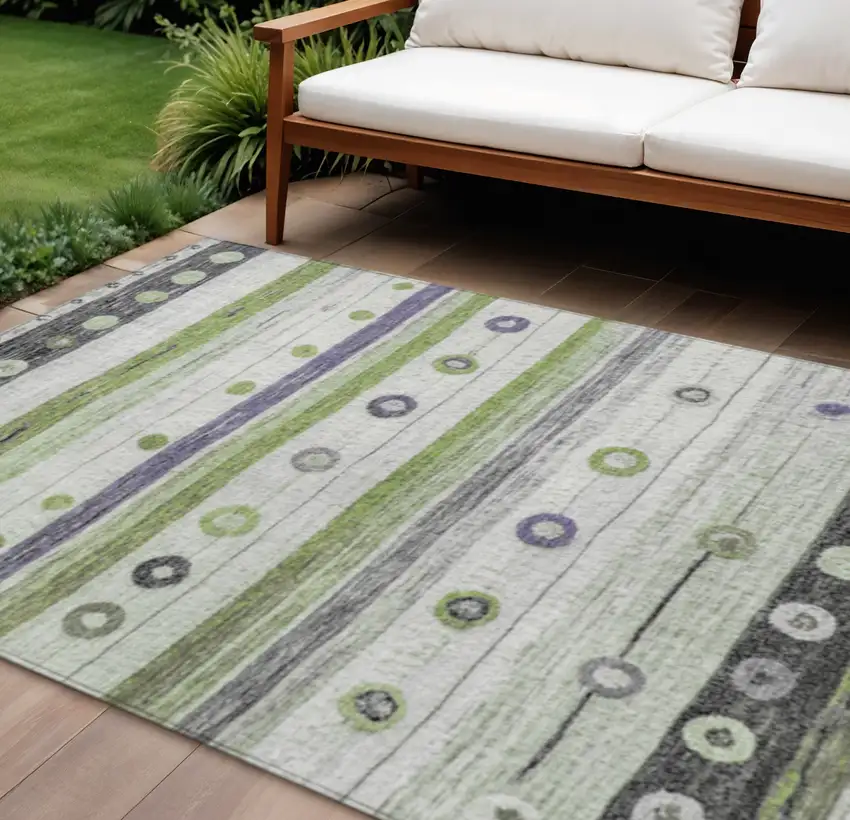 Artichoke Green Purple And Ivory Striped Washable Indoor Outdoor Area Rug Photo 2